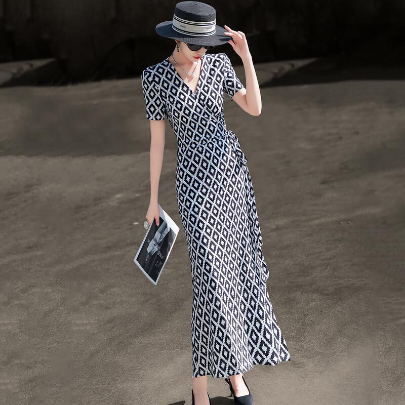 

Lanser Elegant Plaid Print V-Neck Midi Dress S