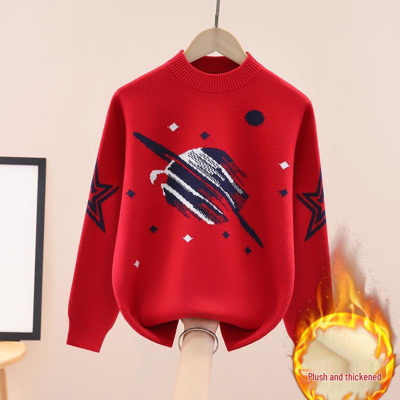 Boys' Fleece-Lined Round Neck Korean-Style Sweater: Thick Knitwear for Autumn and Winter
