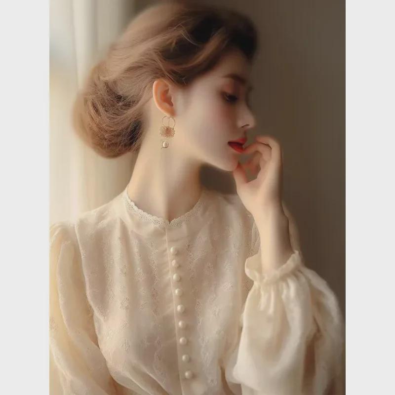 "zZZ2024 Fransk Aprikosspets Långärmad Blus för Kvinnor"