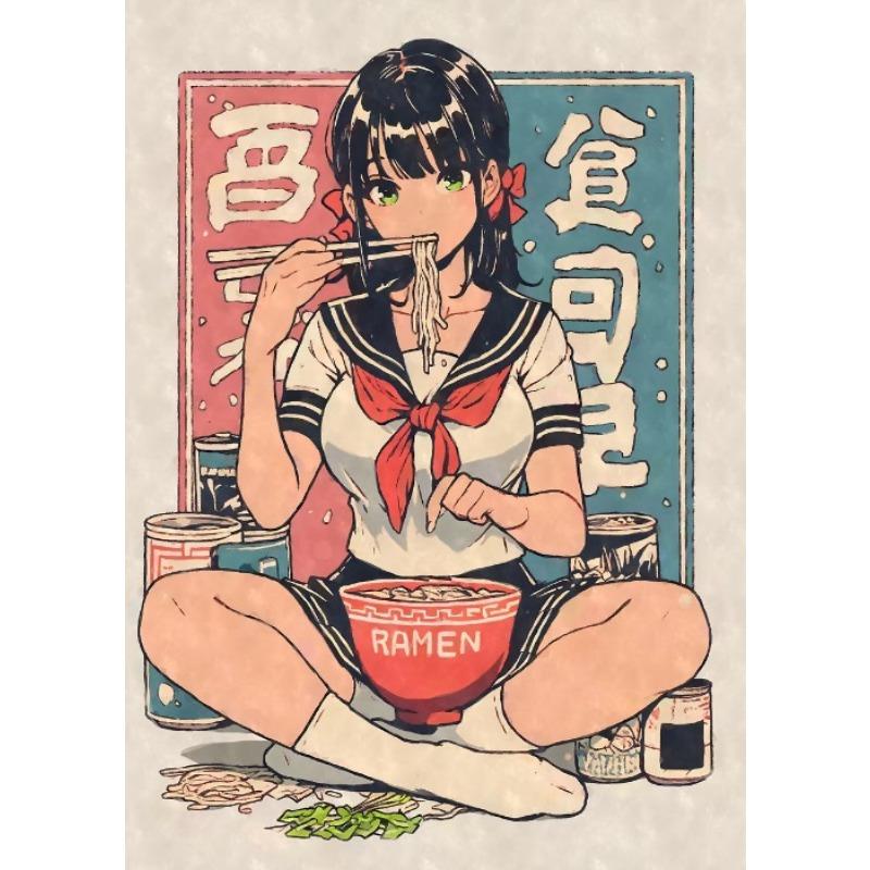 Cat Ear Anime Girl Eating Ramen Poster Aesthetic Anime Ramen Art Prints Japanese Style Cartoon Decor Sexy Girl Canvas Painting