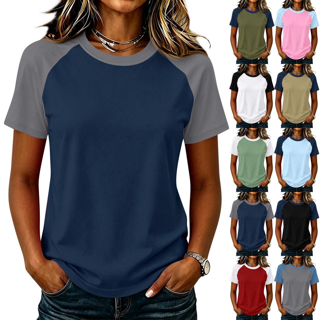 Women Casual Short Sleeve Raglan Sleeve T Shirt Crew Neck Color Block Loose Fit Lightweight Summer Top