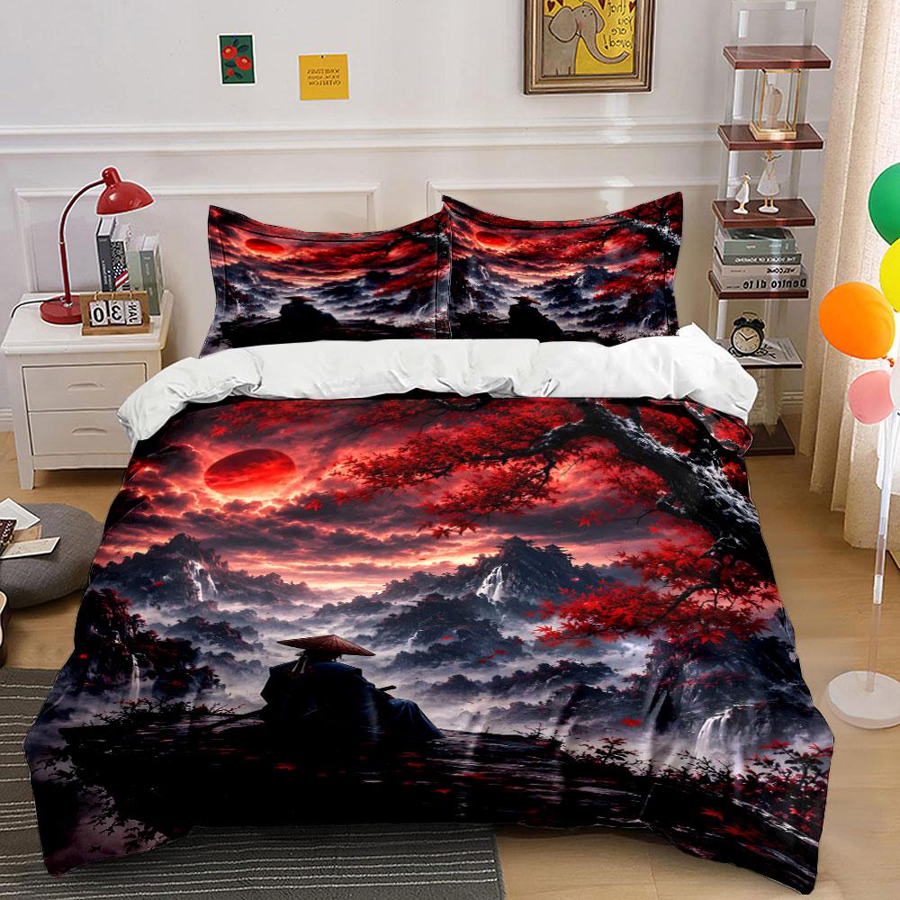 Set Copripiumino Scena Samurai Sotto la Luna Rossa (1*Copripiumino 2*Federe, senza piumino)