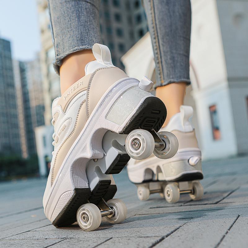 33-42 Kids/ Mens Four Wheels Sneakers with On Double Wheels Roller Sneakers Deformation Roller Skate Shoes for Girls