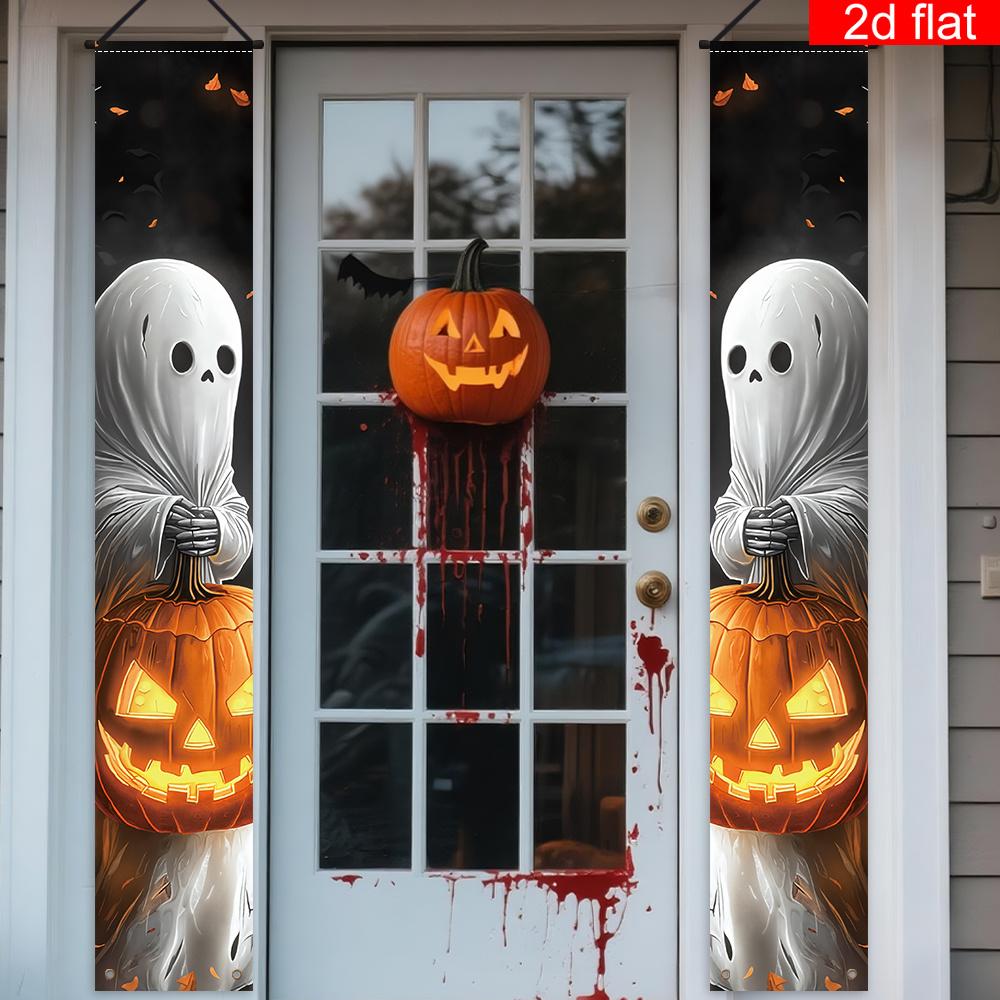2D Flat, 1 Pair Spooky Cute & Pumpkin Lantern Porch Banner - Indoor/Outdoor Hanging Decoration Suitable for for halloween & Christmas Party Decoration