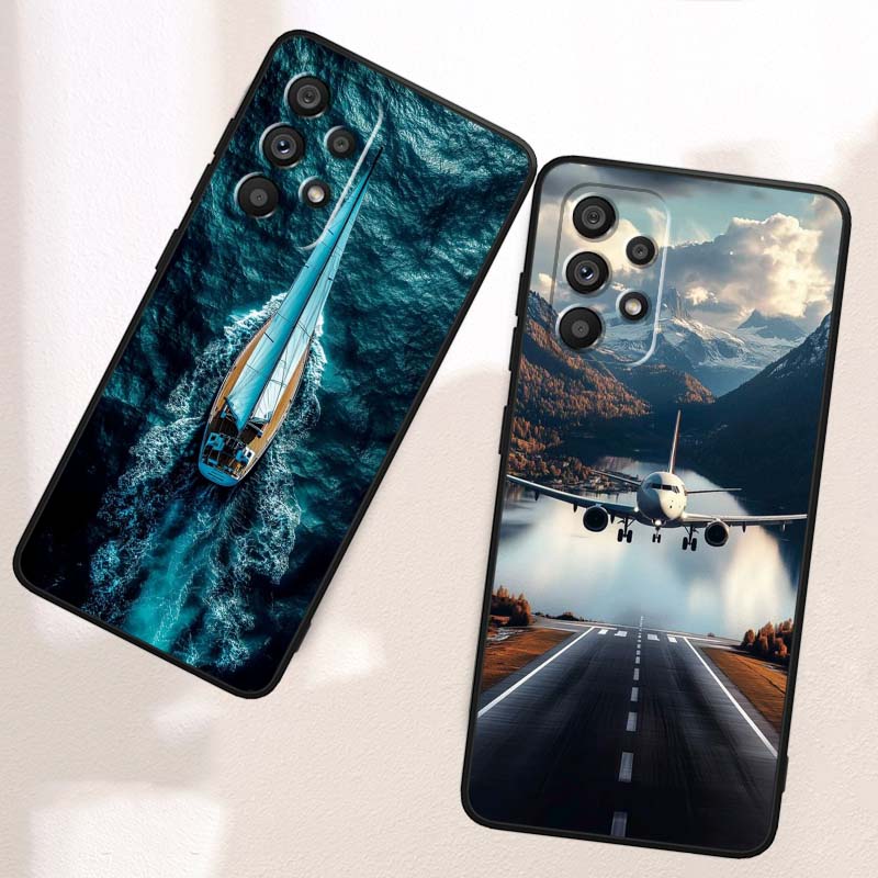 Fashion airplane pattern For Samsung A73 A72 A71 A55 A54 A53 A52 A51 A13 A22 A16 A15 A12 A14 A26 A07 5G Black Phone Case