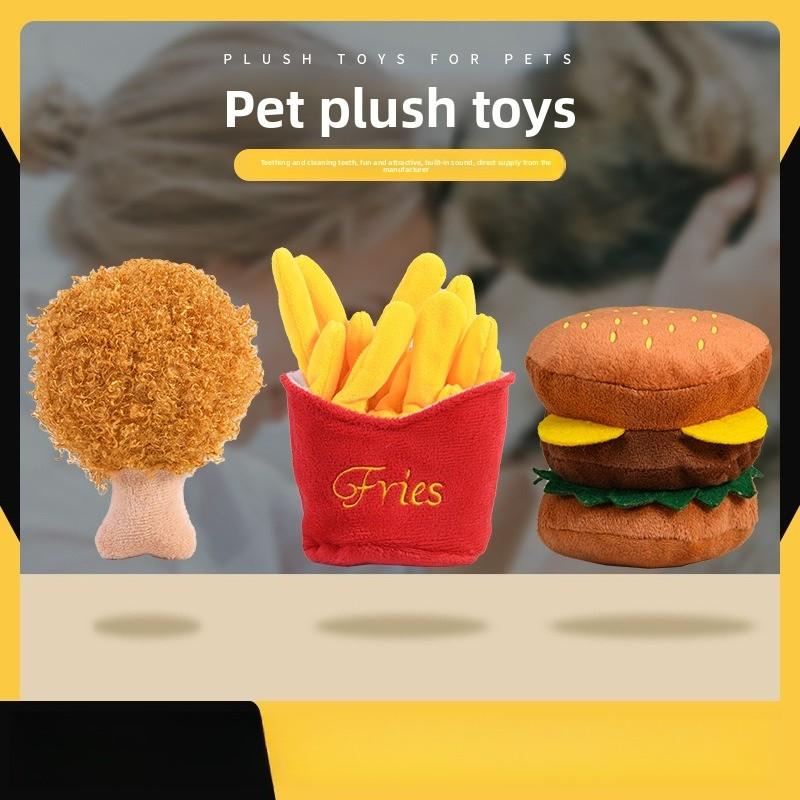 Plüsch Quietschie Hundefutter Pommes Burger Haustier Katze Knabberzähne Reizspielzeug Haustierbedarf