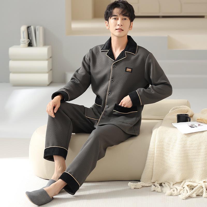 Pajamas Men'S Spring And Autumn Thickened Pure Cotton Interlayer Air Cotton Homewear Men'S Autumn And Winter Interlayer Middle-Aged Dad Suit
