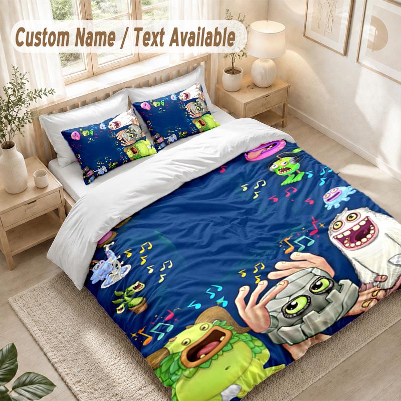 My Singing Monsters Bedding Set, 1 Duvet Cover & 2 Pillowcases Soft Comfortable Bedroom Home Textile Decor