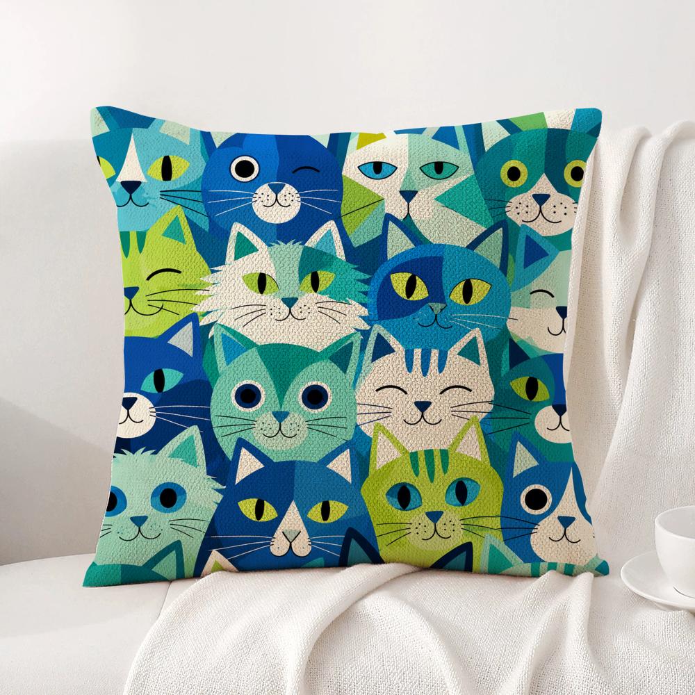 Cushion Cover Cute Cat Print Linen Organic Fabric DoubleSided Printing Sofa Breathable Home Decor Gift Pillow Case