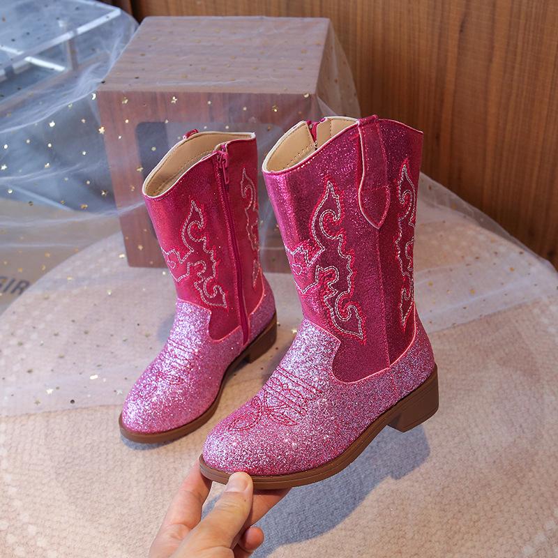 Botas para Niña Botas de Nieve para Niños Pequeños Caña Media Brillo Botas Vaqueras Estilo Western Otoño Niños Mayores Niñas para Montar Botas Talla 27-36 Zapatos para Niños