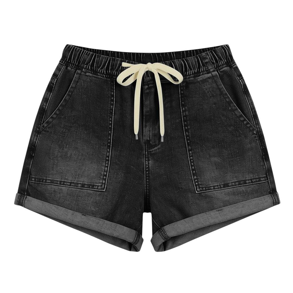 Shorts Jeans Feminino Casual com Cintura de Cordão, Barra Dobrada e Bolsos Frontais Grandes para Uso Diário