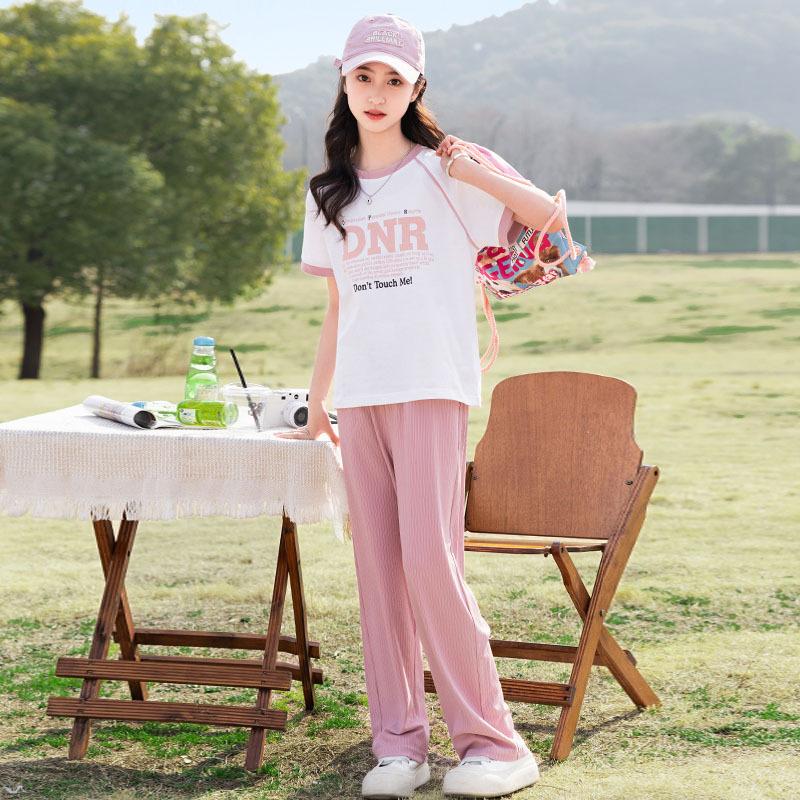 Summer Big Children's Casual Suit Knitted Short-sleeved Girls' Pants Suit