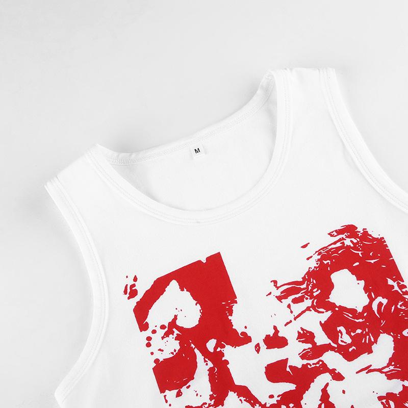 Summer European and American Spicy Girl Style Street Exposed Navel Abstract Print INS Round Neck Basic Vest