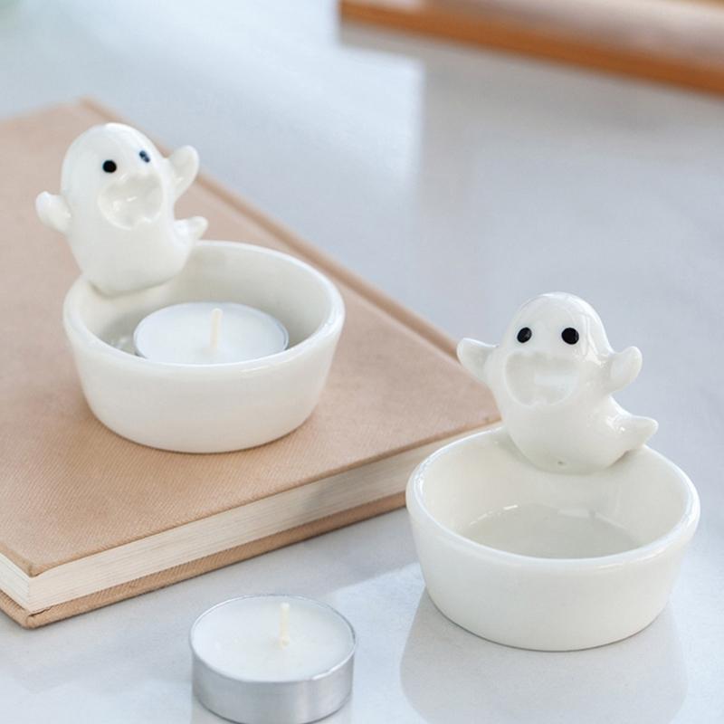 Ceramics Cartoon White Ghostly Figurine Candle Holders Halloween Tealight Holders Candlestick Table Decors for Festivals