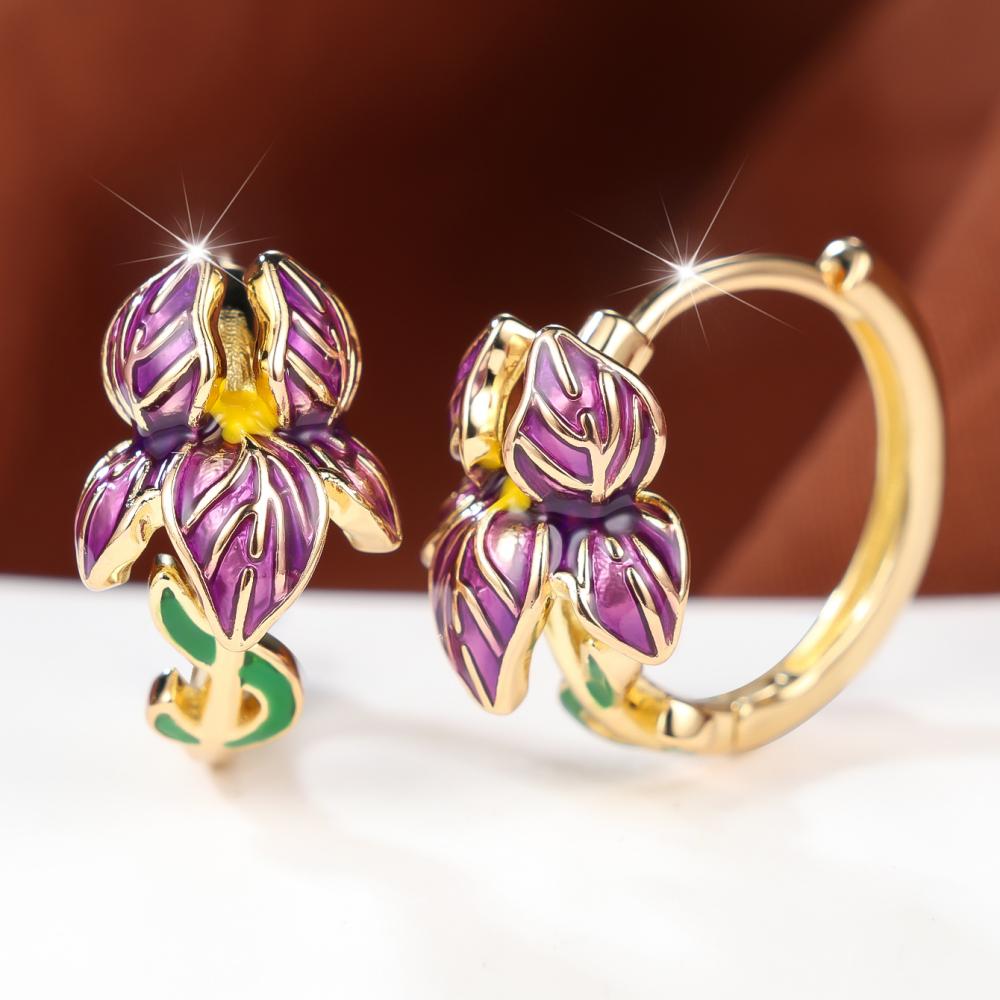 Charming Purple Enamel Iris Flower Huggie Earrings for Women Two Color Options Daily Wear and Party