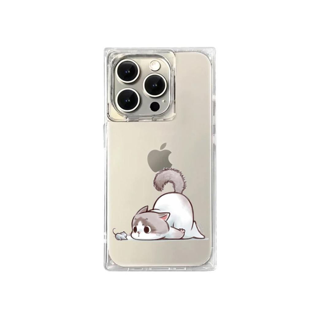 Square Back Tube Protection Clear Case For iPhone 16 ProMax 11 13 15 Plus 14 Pro Max 12 Anti-Oxygen,Cat And Mouse Eye Contact Pattern Casing