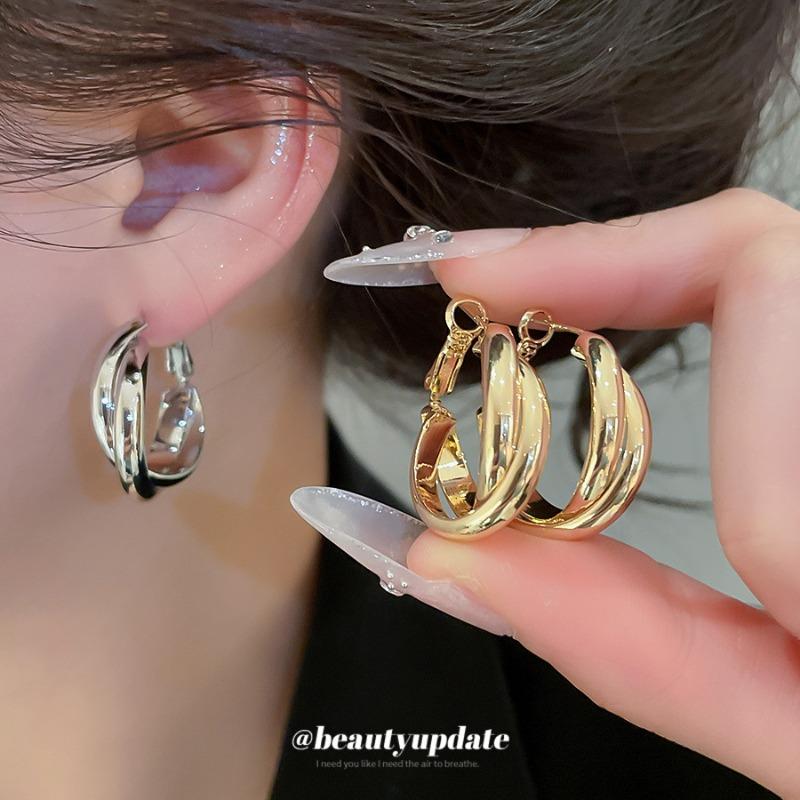 K real gold electroplated silver needle round double-layer stud earrings casual fashion commuting versatile earrings light luxury niche earrings