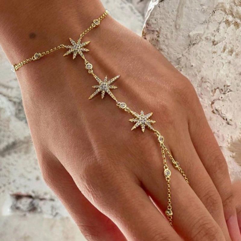 Rhinestone Eight-Pointed Star Finger Bracelet: European & American High-End Party Jewelry золотой