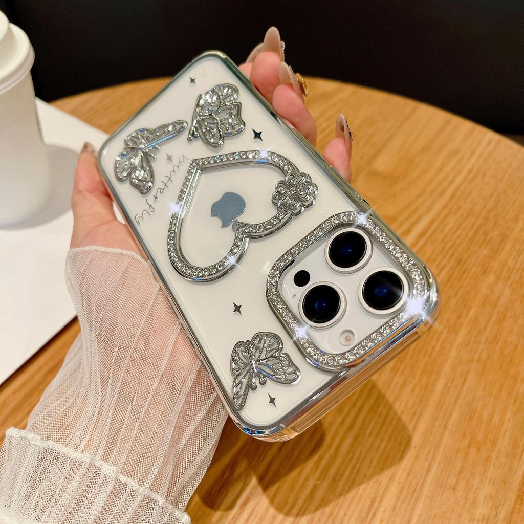 For IPhone 16 Promax Sparkling Diamond Phone Case for Apple 15 Love Butterfly 14 Gradient Sparkling Pink Soft Case