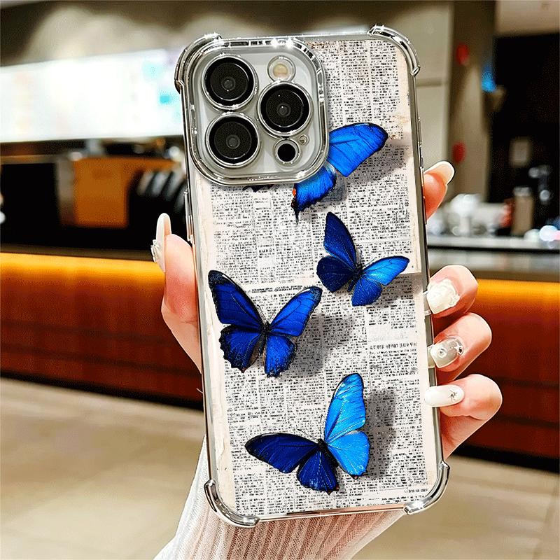 Blue Butterfly Aesthetics Plating Phone Case For Iphone 16 17 Pro Max Air 16E 14 15 Plus 12 13 Mini Anti-Fall Airabag Cover