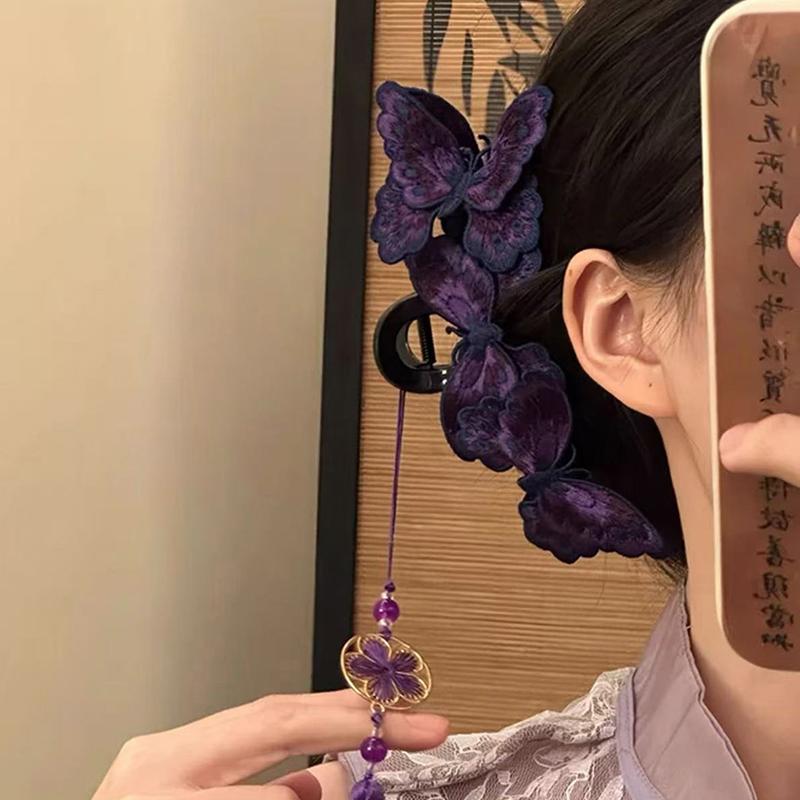 Chinesischer Stil Stricken Schmetterling Haarspangen Damen Lila Lange Blume Quaste Haifisch Greifklemmen Vintage Hanfu Kopfschmuck