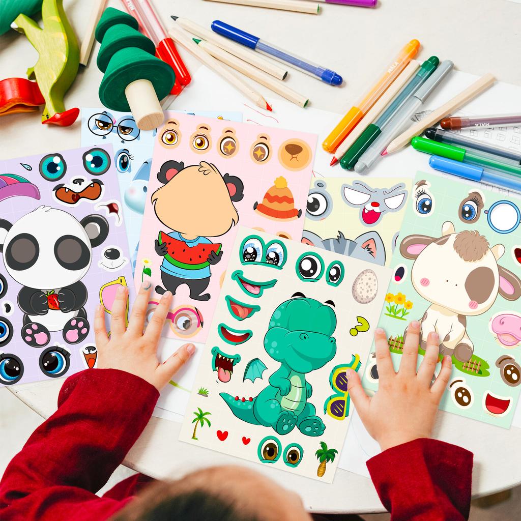 6 Photos/pack of Cute Panda Dinosaur Mixed Puzzle Face Change Stickers Children's Graffiti Educational Toys