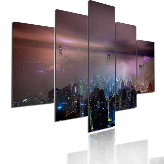 Wall Art Metropolis Skyscrapers Canvas Painting 5 Pieces Modular Picture Bustling City Night Poster HD Printed for Home Decor