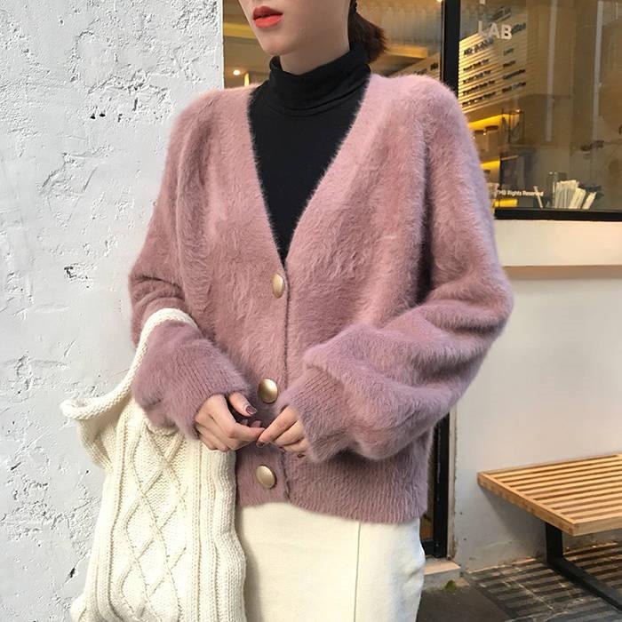 European and American style imitation mink velvet solid color loose lazy wind V-neck autumn and winter large size knitted sweater jacket women