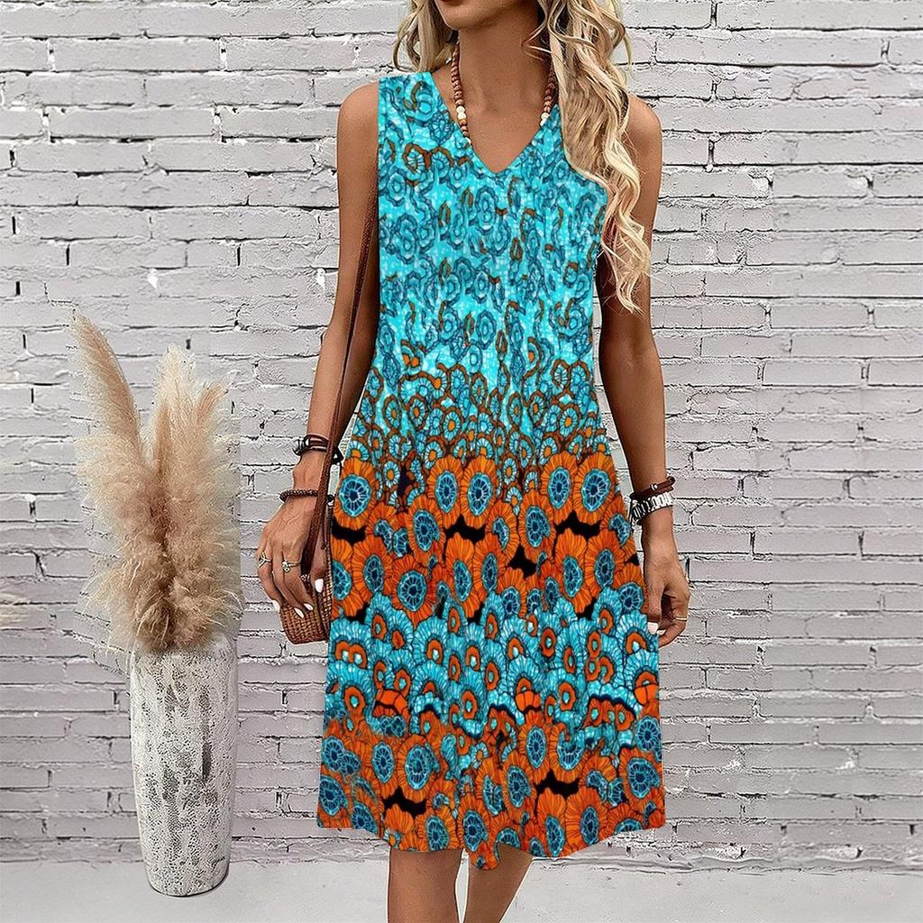 Plus Size V Neck Sleeveless Dress Ink Mountain Stream Print For Water Town Sightseeing