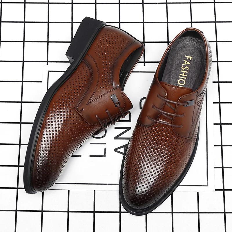Fashion Men Flat / 6CM Heightening Elevator Shoes Hollow Breathable Business Formal Leather Shoes Man British Dress Casual Wedding Shoes