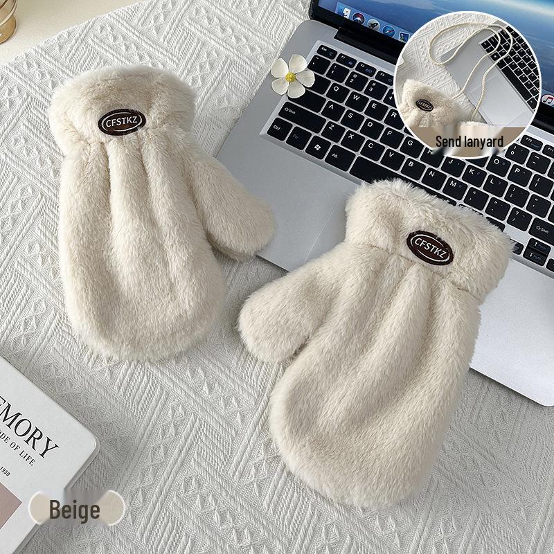 Thick Velvet Plush Winter Gloves with Lanyard - Cold & Frost-Proof for Students & Cyclists
