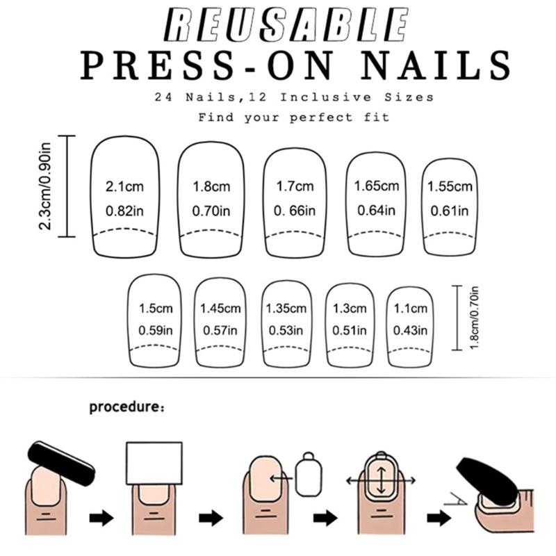 24x French Tip Press On Nail Medium Square Full Cover False Nail Glittering Stick On Nail Sparkling Artificial Nail