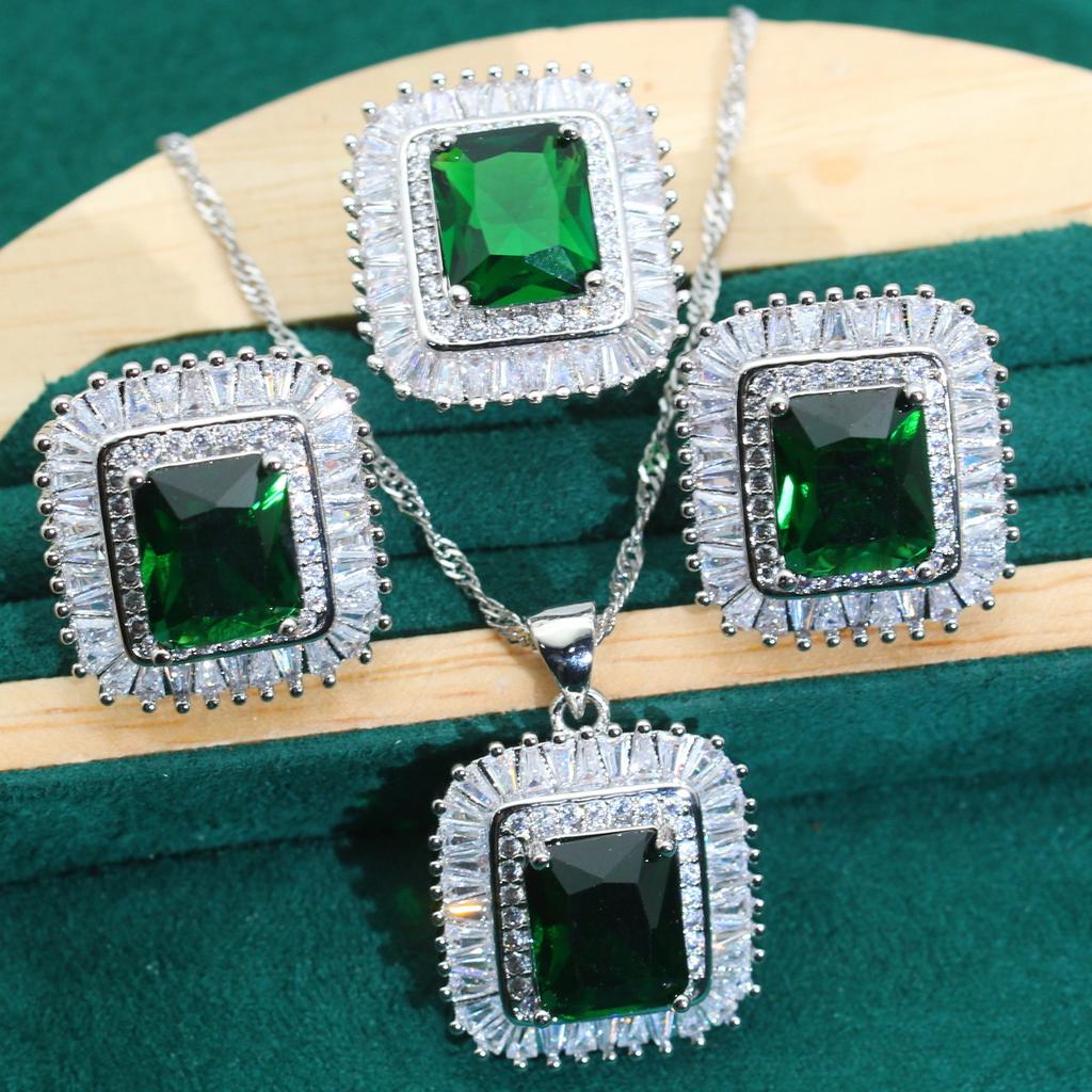 European and N White Gold Inlay Green Crystal Earrings Atmosphere Fashion Party Wedding Ladies Wedding Jewelry Set