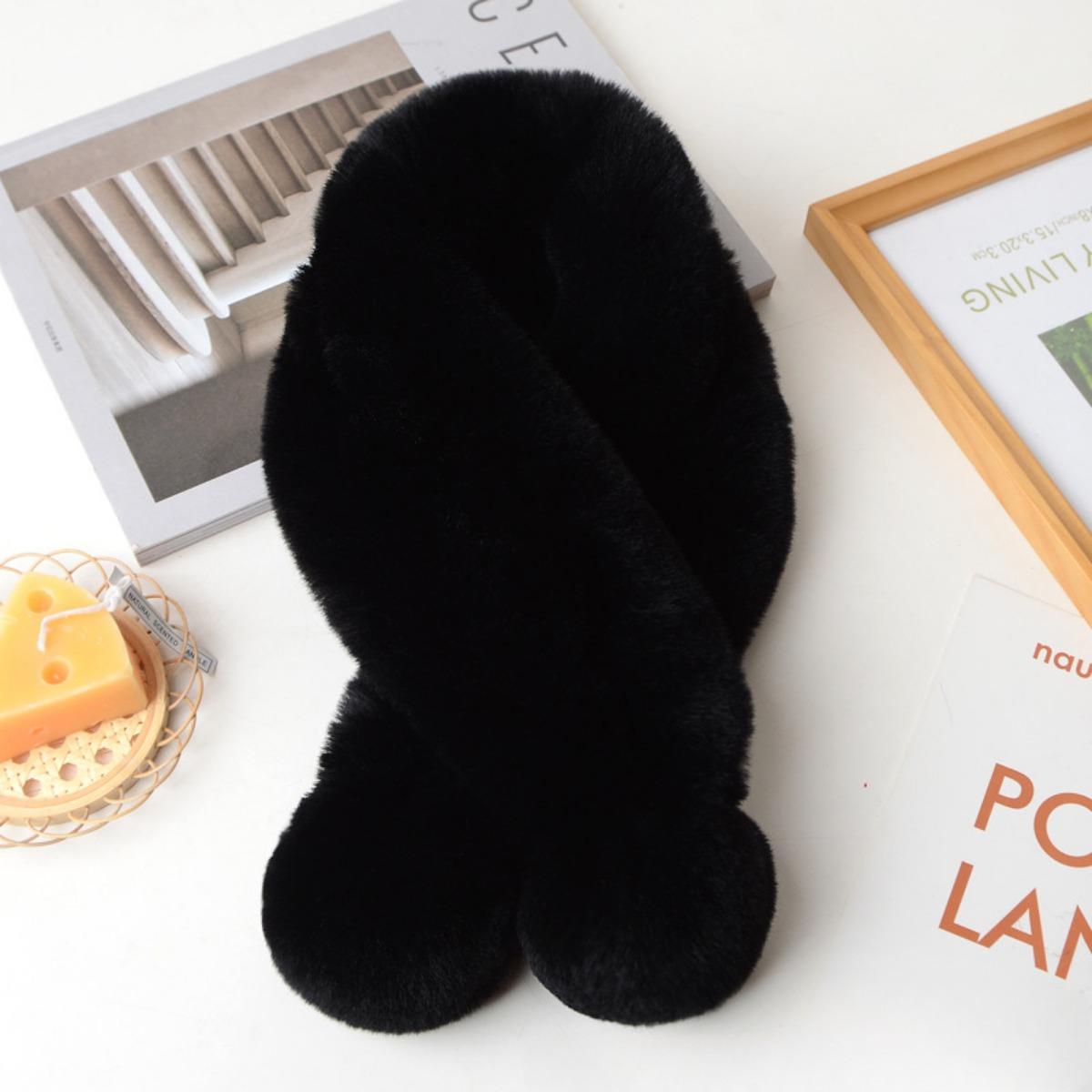 

1pc Plush Cross Scarf Faux Rabbit Fur Thickened Plush Ball Thermal Scarf Thick Winter Women Neck Warmer Collar Neckerchief One Size