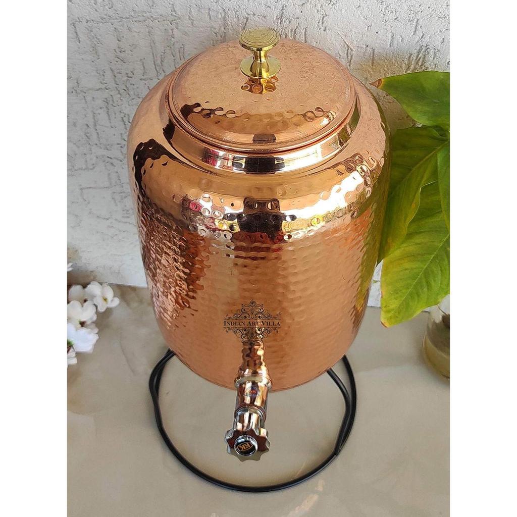 Miedziany garnek na wodę z młotkowanym wzorem ze stojakiem, przechowywanie i naczynia kuchenne, korzyści zdrowotne, pojemność-8 LTR, 8 litrów