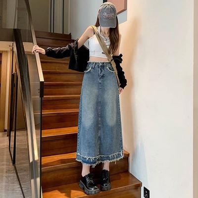 Denim Skirt Female A-line Design Sense Raw Edge Half-body Skirt High-waisted Casual Retro Package Hip Straight In The Long Skirt Denim Bustier Skirt