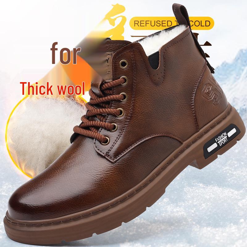 Men's High-Top Leather Martin Boots - British Style, Thick Sole, Velvet Lining, Winter Warmth