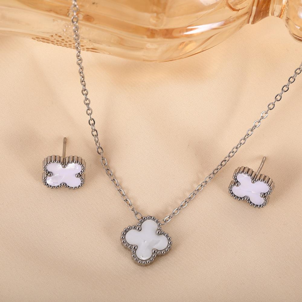 

Комплект из 2 предметов «Кловер» из нержавеющей стали, модное ожерелье, украшения для ушей и ногтей, комплект из двух предметов Necklace+earrings белый