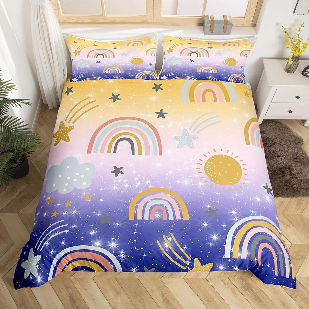 Rainbow Duvet Cover for Kids Girl Sweet Bedroom DecorQueen Tie Dye Pastel Comforter Cover Sparkle Galaxy Starry Sky Bedding Set