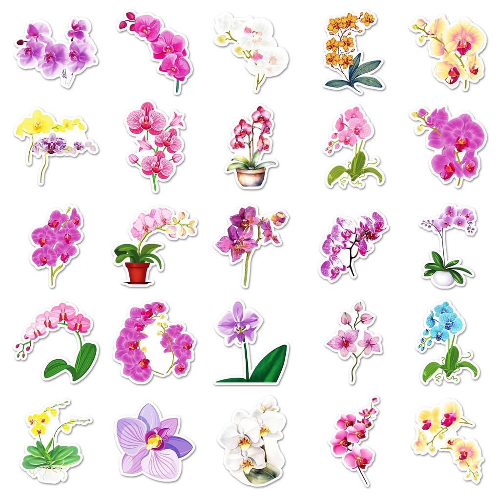 50 Orchid Stickers - Cartoon Flower & Plant Waterproof Decals for Glass, Walls, Thermos Cups, and Planners