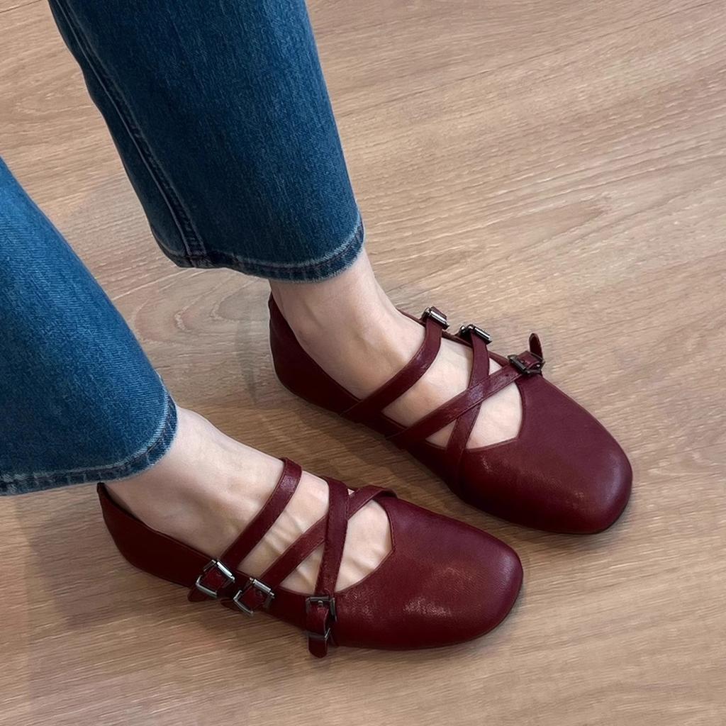 Cowhide version~ French cross belt flat Mary Jane shoes women's new versatile retro round head soft sole commuter shoes