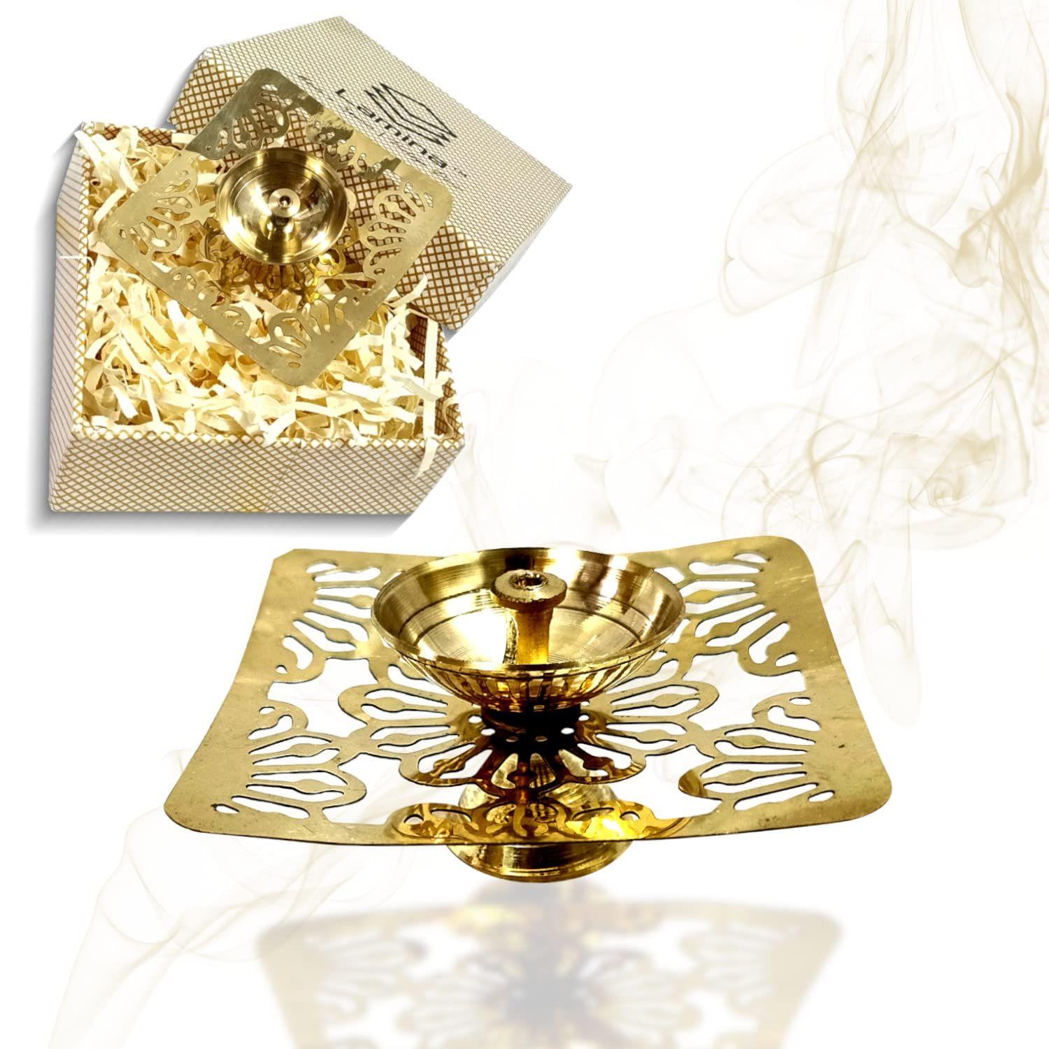 

Decorative Brass Diya for Puja (Set of 1 Small 3inch Golden Square Net) Center Wick Holder Pital Akhand Deep Vilakku for Home Décor