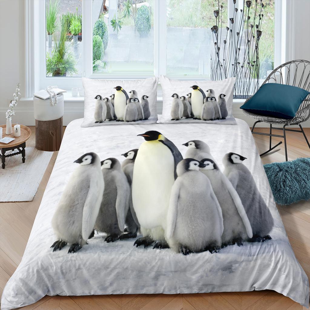 Penguin King Queen Duvet Cover Lovely Black White Antarctic Animals Bedding Set For Kids Wildlife 2/3pcs Polyester Quilt Cover