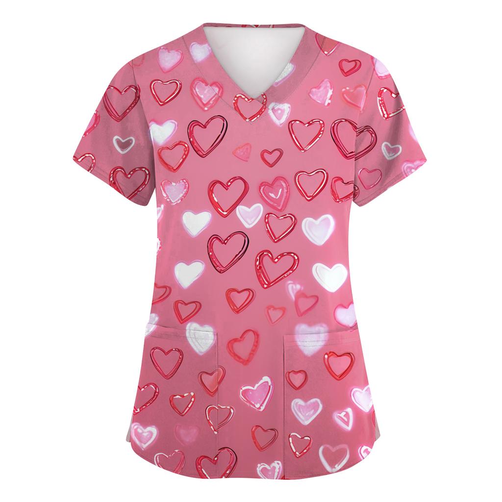 Women's Fashion Short-Sleeve Valentine's Day Print V-Neck Pocket Workwear Top