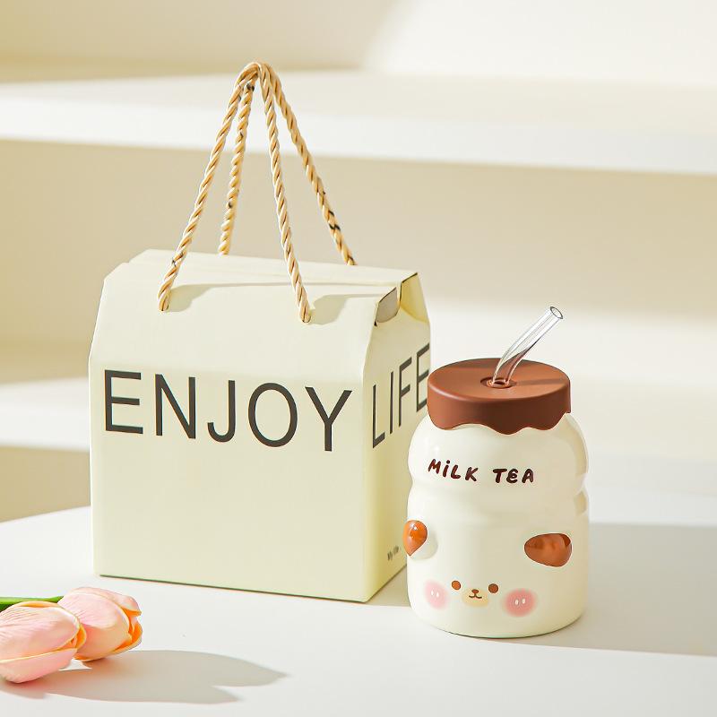 Animal ceramic straw cup with lid Summer essential water cup Girls household cup Juice cup Cold drink cup