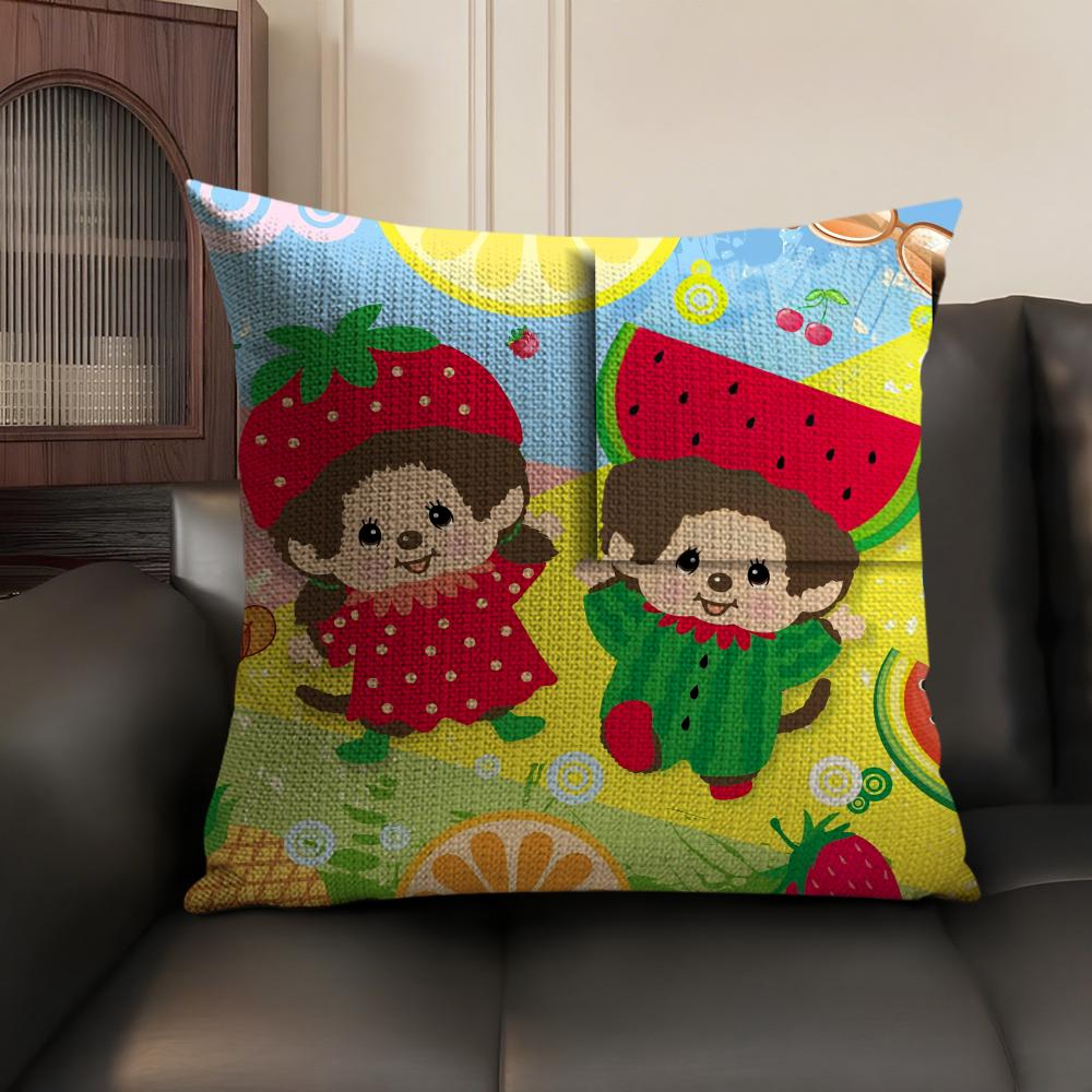 MMonchhichi cute Cushion Cover Natural Linen Organic Fabric DoubleSided Printing Sofa Home Decor Gift Pillow Case