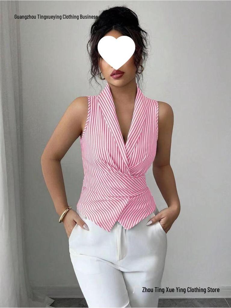 Striped Sleeveless Tie-Waist Slimming Vest for Women