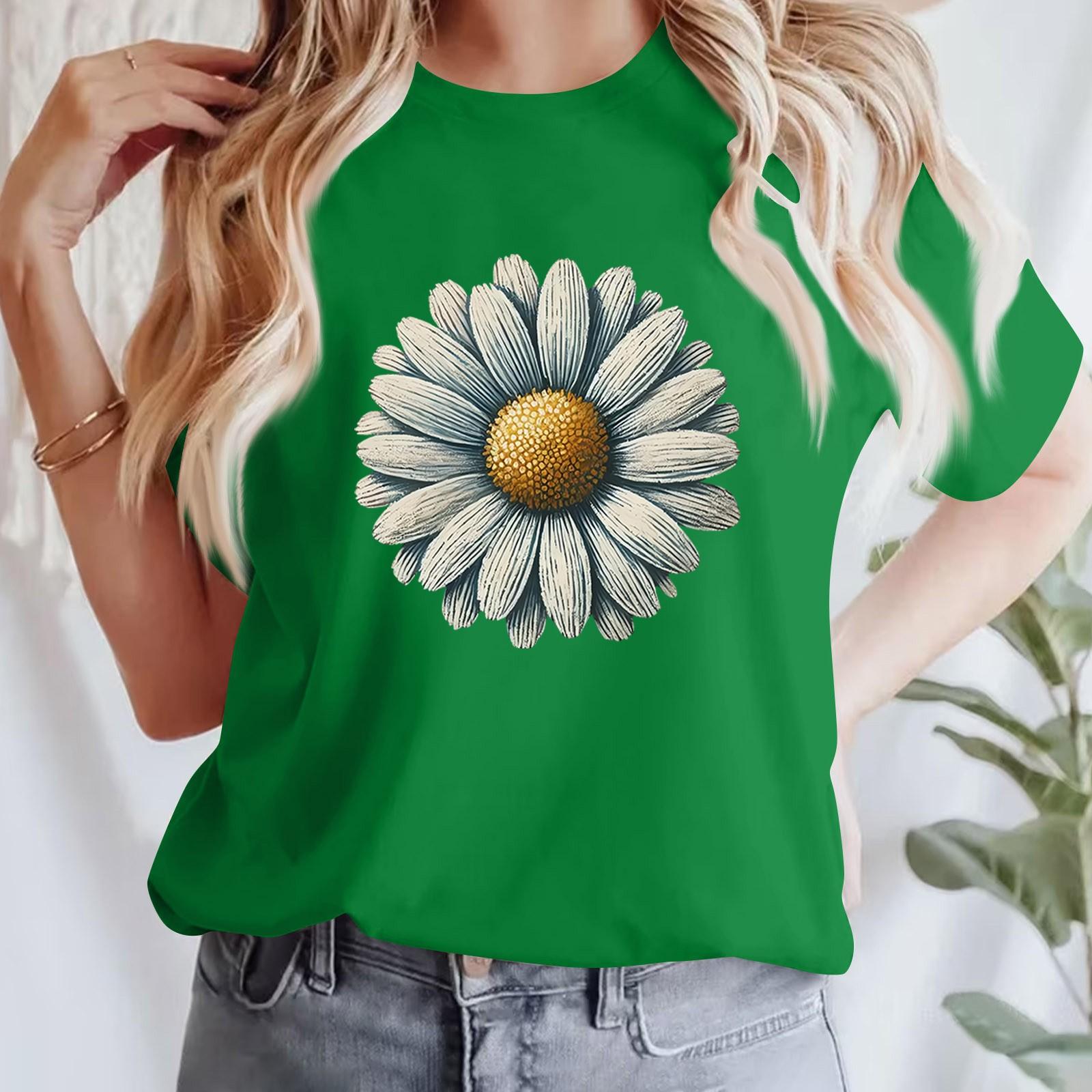 

Летний топ с круглым вырезом и 3D-цветочным принтом, модные и повседневные милые женские футболки с короткими рукавами 6XL зелёный