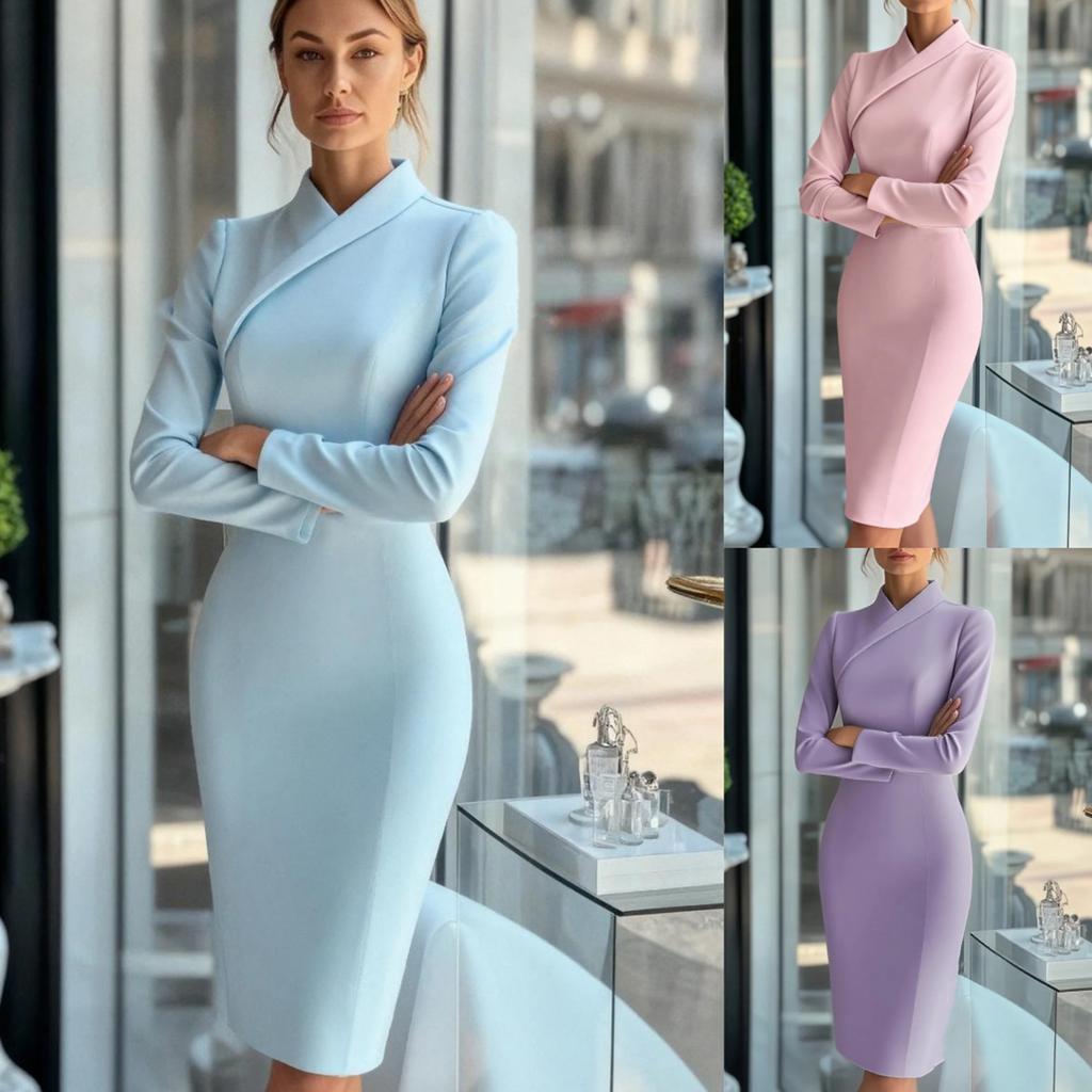 Women's Fashionable  Solid-Colour Long-Sleeved Turtleneck Slim-Fit Pencil Dress