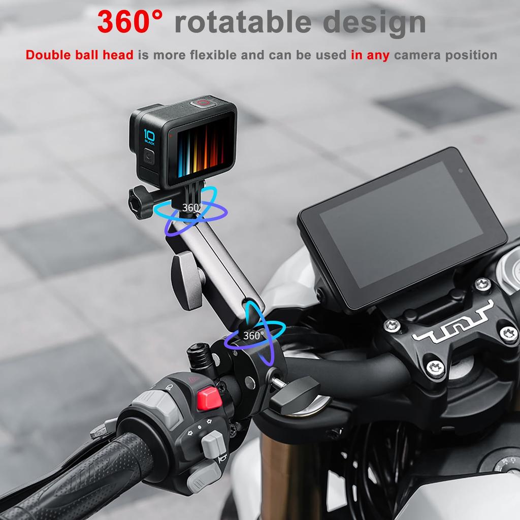 FitStill Super Rotation Angle Action Camera Clamp with Double Ball Head Design and Aluminum Alloy Bicycle and Motorcycle Clip Mount for Go Pro Hero